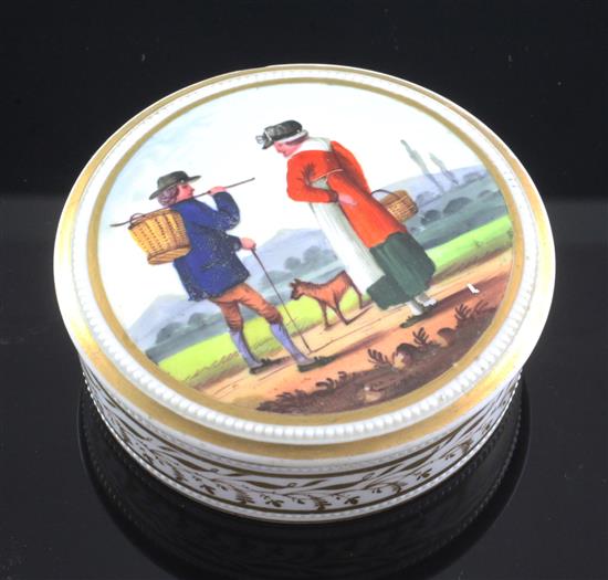 An English porcelain circular box and cover, possibly Chamberlains, c.1815-20, diameter 9cm, tiny splinter chips